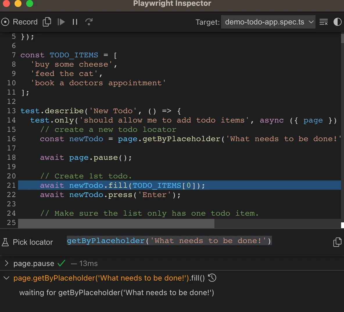 Pausing the test and debugging with playwright inspector