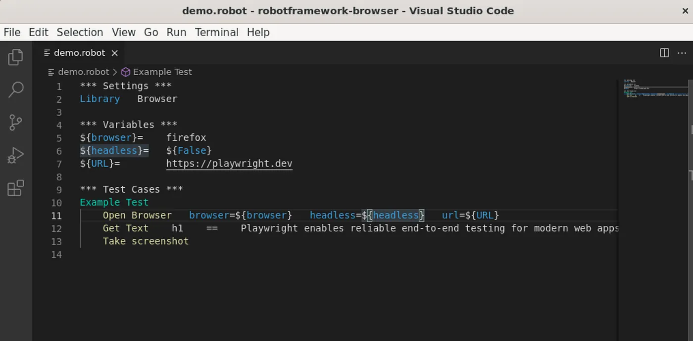 demo.robot test in Visual Studio Code