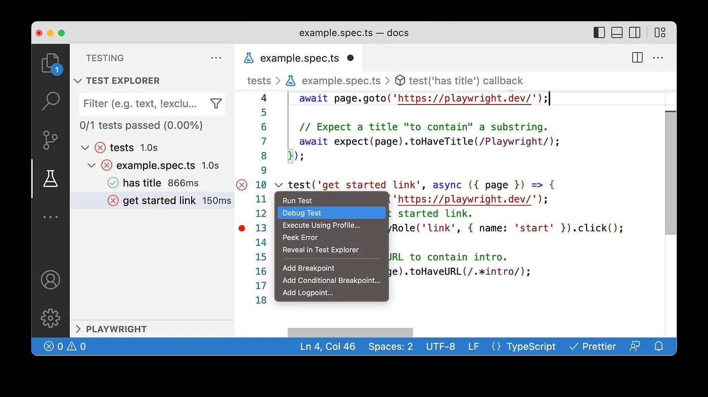 Running tests with visual studio code extension